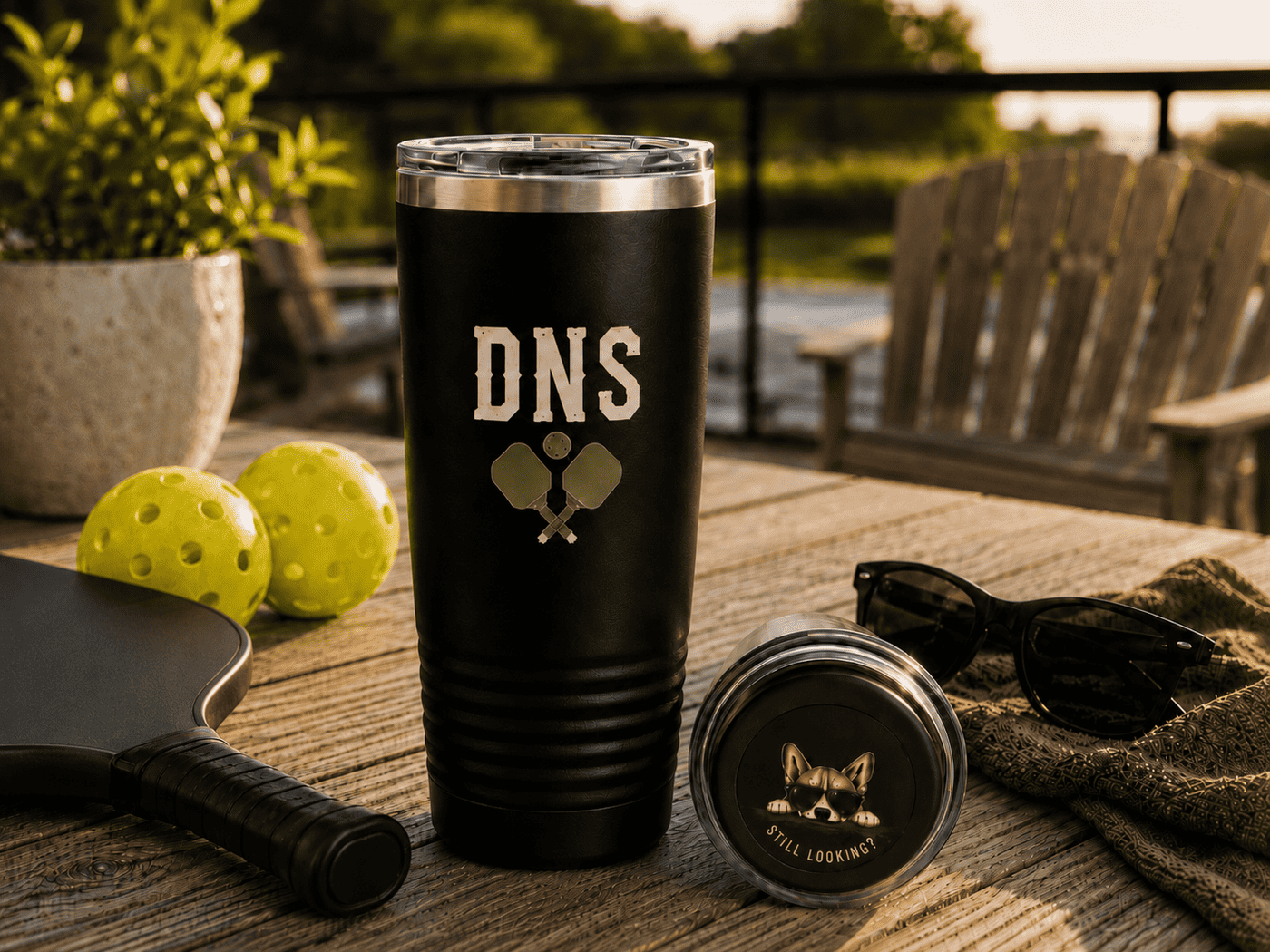 Dinks N Sh!t tumbler, hat and paddle courtside at sunset