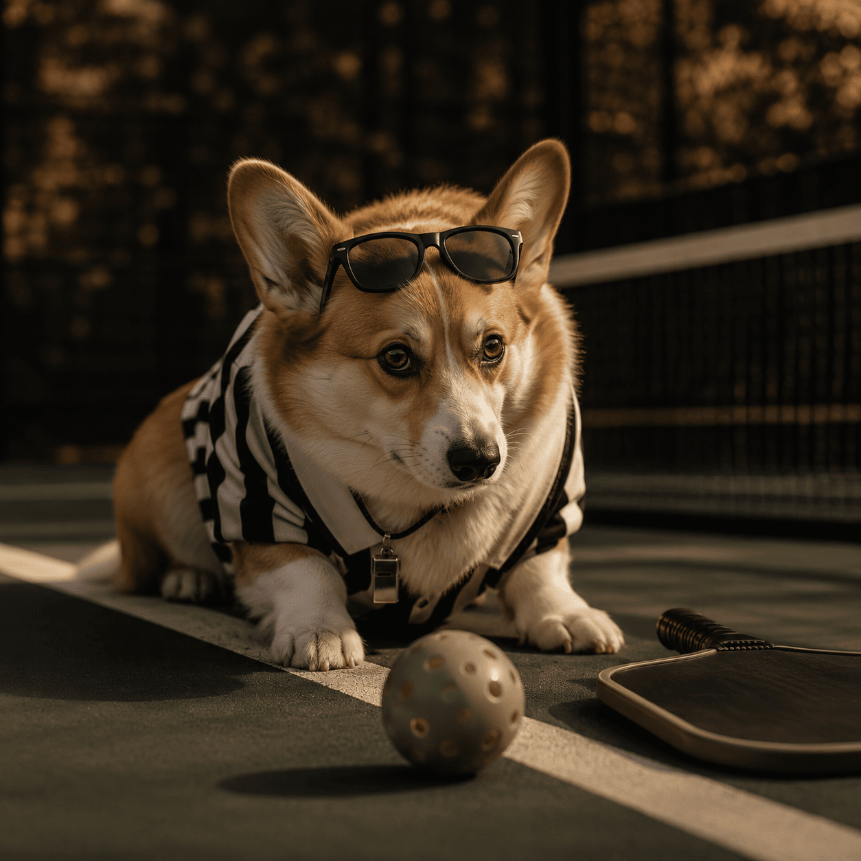 Salty the corgi in referee stripes with a whistle, staring down a pickleball on the line